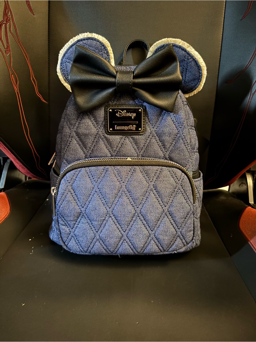 Loungefly Denim Blue Quilted Minnie Ear Mini Backpack with Black Bow